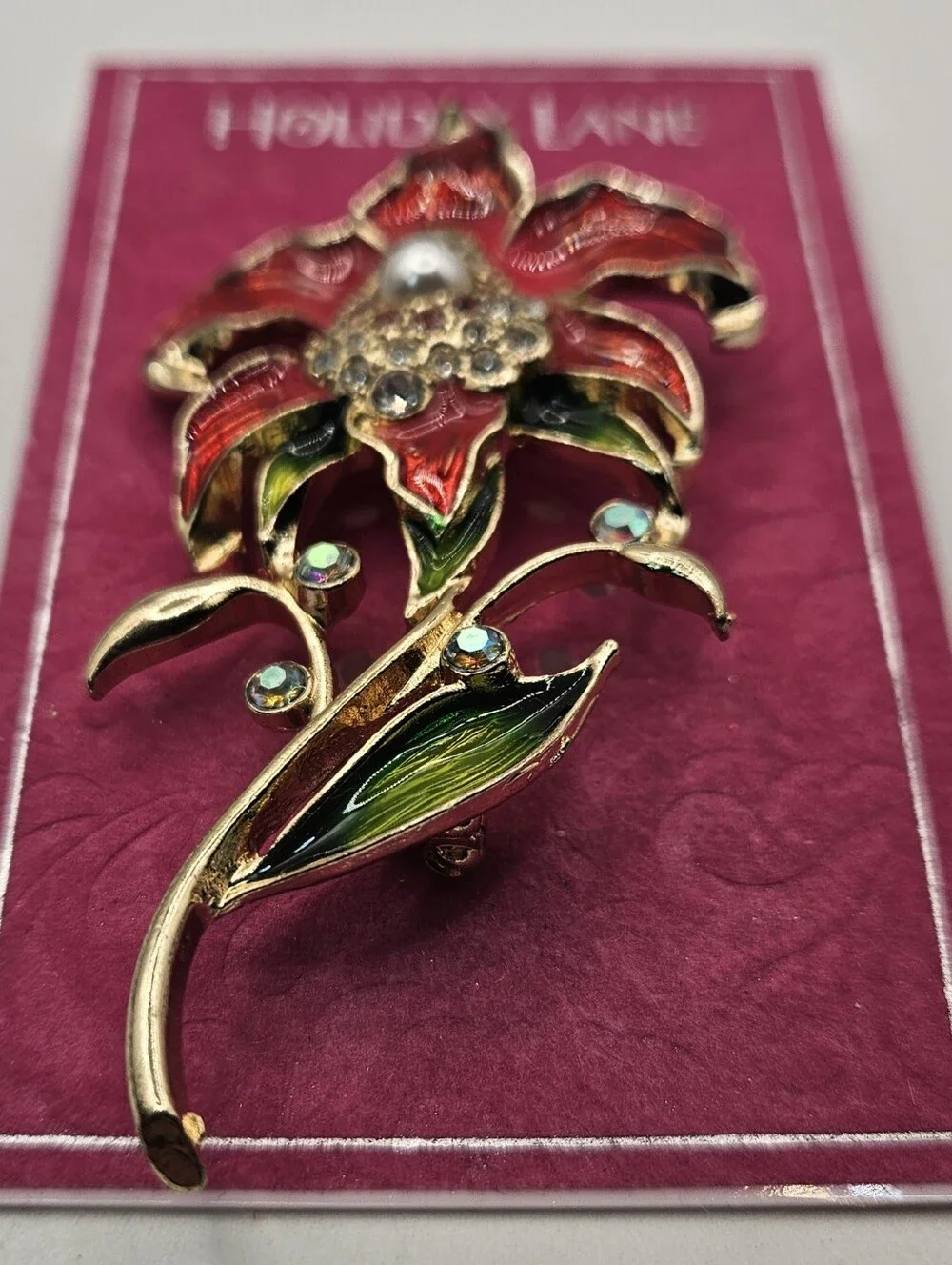 Holiday Lane Red Enamel Flower Brooch Pin Faux Pearl Rhinestone Christmas Jewelr
